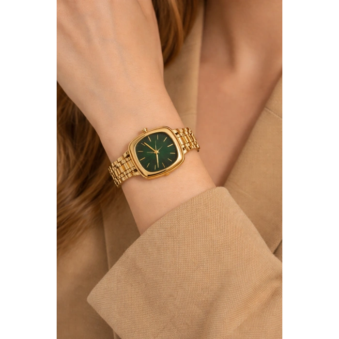 Gold ve Yeşil Renkli Çelik Kadın Saat