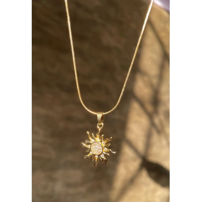 Güneş Model Çelik Taşlı Gold Kolye