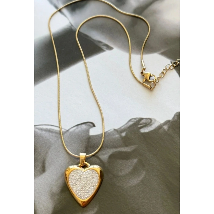 Kalp Desenli Taşlı Çelik Gold Kolye