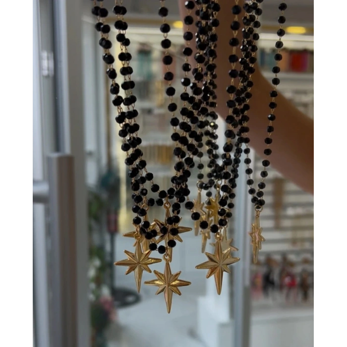 Kutup Yıldızı Star Model Siyah Taşlı Kolye