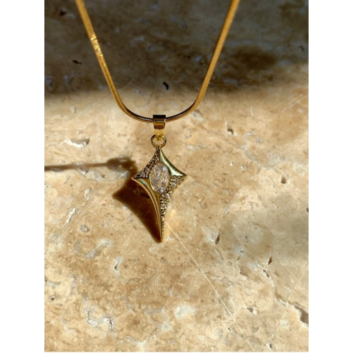 Kuzey Yıldızı Star Taşlı Çelik Gold Kolye