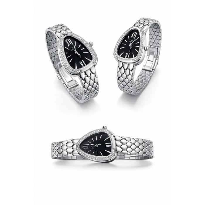 Üçgen Tasarım Taşlı Kadın Saat Marka Model Gümüş Renkli