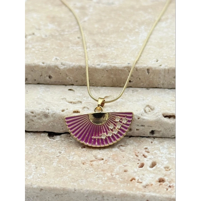 Yelpaze Model Fuşya Renkli Çelik Kolye