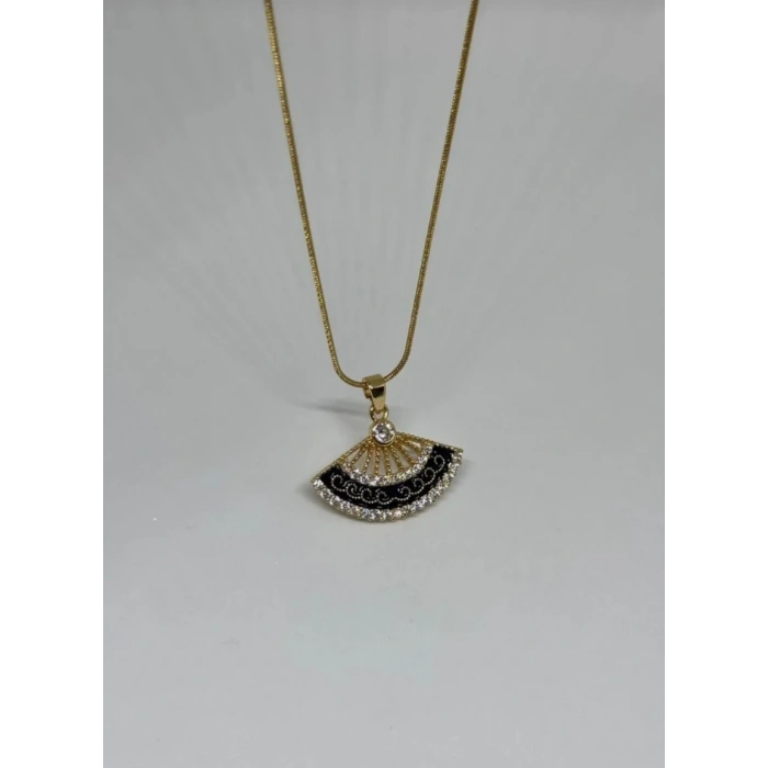 Yelpaze Model Siyah Taşlı Çelik Gold Kolye