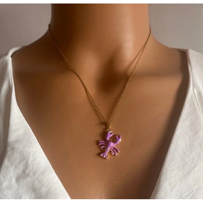 Yengeç Modeli Renkli Çelik Gold Kolye