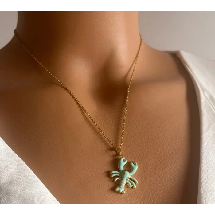 Yengeç Modeli Su Yeşili Çelik Gold Kolye