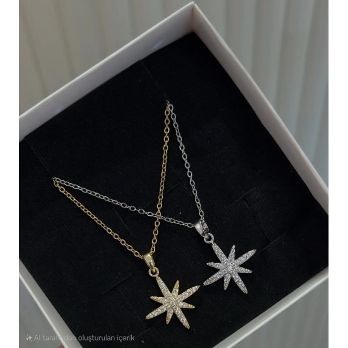 Yıldız Model Taşlı Çelik Gold Kolye