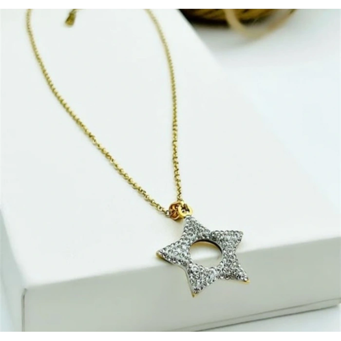 Yıldız Model Taşlı Çelik Gold Kolye