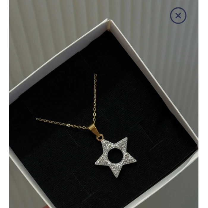 Yıldız Model Taşlı Çelik Gold Kolye