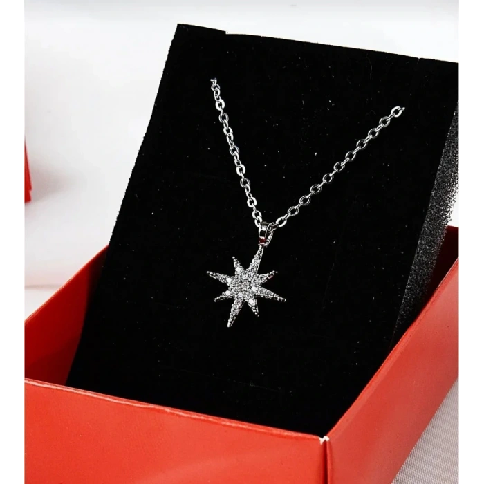 Yıldız Taşlı Çelik Gümüş Renkli Kolye