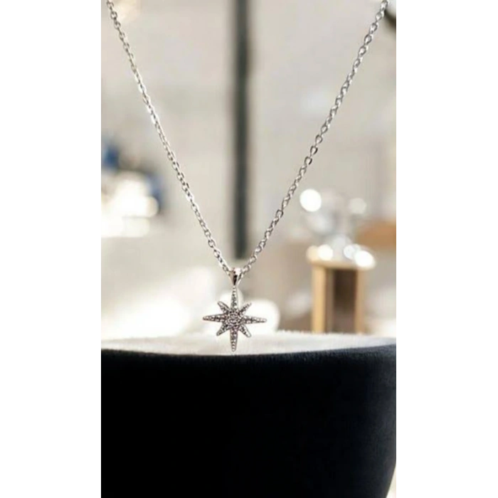 Yıldız Taşlı Çelik Gümüş Renkli Kolye