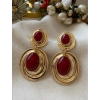 Vintage Esintili Kırmızı Taşlı Gold Küpe