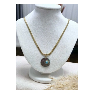 Sedefli Mavi Taşlı Altın Çelik  Oval Kesim Kolye