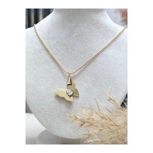 Taşlı Kelebek Detaylı Altın Çelik Kolye