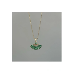 Yelpaze Model Yeşil Taşlı Gold Çelik Kolye