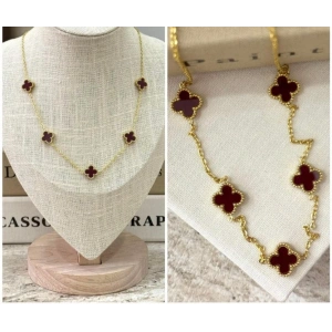 Gold Renkli Kırmızı & Bordo Yonca Figürlü Çelik Kolye