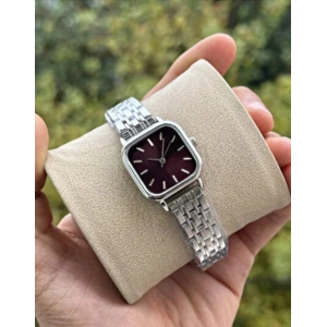 Gümüş Renkli Klasik Lüks Kadın Saat - Bordo kadran