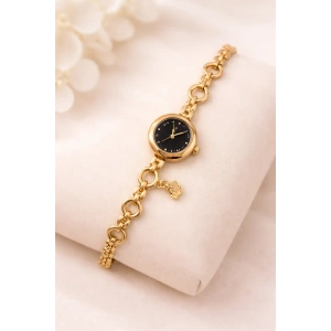 Gold Renk Siyah Kadran Charm Detaylı Lüks Kadın Saat