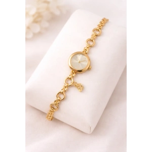 Gold Renk Sarı Kadran Charm Detaylı Lüks Kadın Saat