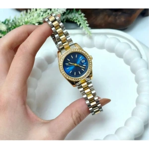 Çift Renkli Mavi Kadran Taşlı Lüks Kadın Saat