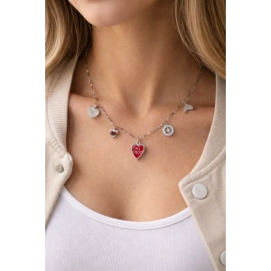 Gümüş Renkli Charmlı Çelik Kalp Kolye