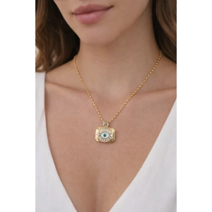 Gold Renkli Çelik Plaka Kolye – Nazar Detaylı