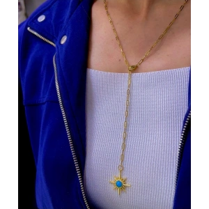 Gold Renkli Çelik Y Kolye – Turkuaz Taş Detay