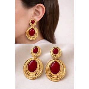 Vintage Esintili Kırmızı Taşlı Gold Küpe