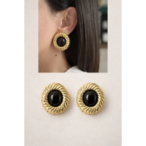 Vintage Siyah Taş Detaylı Gold Küpe