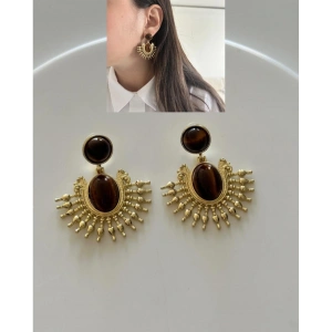 Vintage Esintili Gold Taşlı Küpe