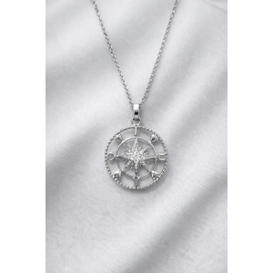 Gümüş Renkli Çelik Pusula Yıldız Kolye