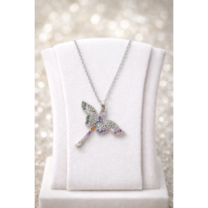Gümüş Renkli Çelik Renkli Taş Detaylı Yusufçuk (Dragonfly) Kolye