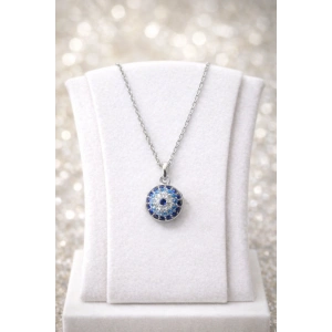 Gümüş Renkli Nazar Boncuk Detaylı Taşlı Çelik Kolye