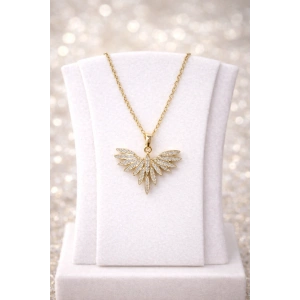 Gold Renkli Melek Kanadı Taşlı Çelik Kolye