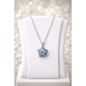 Gümüş Renkli Çelik Mavi Taş Detaylı Yıldız Kolye