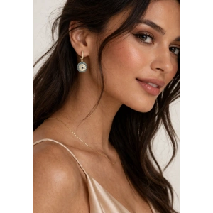 Gold Nazar Boncuk Detaylı Taşlı Halka Küpe