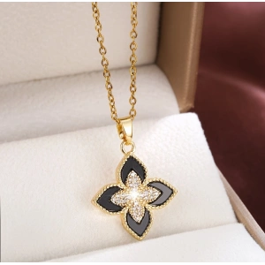 Gold Renk VC Model Siyah Detaylı Çiçek Kolye