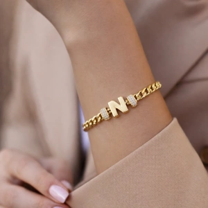 N Harfli Zincir Bileklik 14K Altın Kaplama