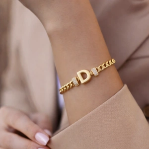 D Harfli Zincir Bileklik 14K Altın Kaplama