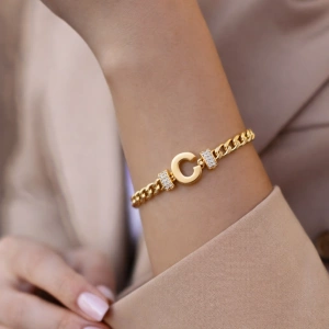 C Harfli Zincir Bileklik 14K Altın Kaplama