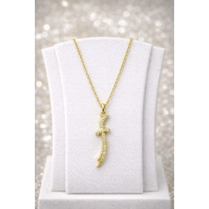 Gold Renk Kılıç Figürlü Taşlı Kolye Çelik