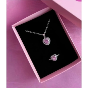 Çelik Gümüş Renkli Kalp Detaylı Kolye & Yüzük 2’li Set