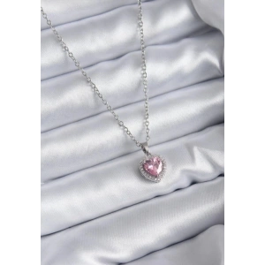 Çelik Kolye Gümüş Renkli Kalp Detaylı Marka Model