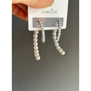 Gümüş Renkli Taşlı İncili Küpe