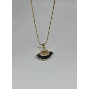 Yelpaze Model Siyah Taşlı Çelik Gold Kolye