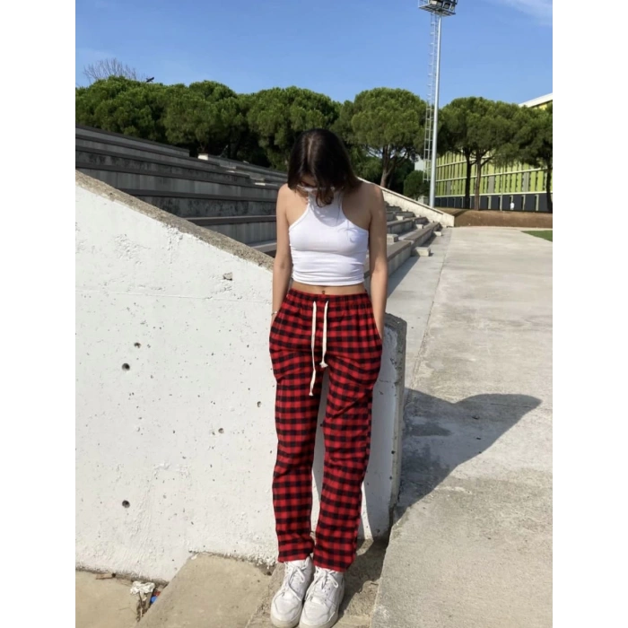 Ekoseli Unisex Eşofman Altı (KIRMIZI)