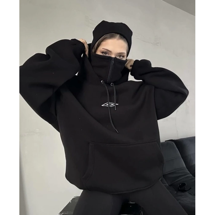 Fermuarlı Çift Kapüşonlu Unisex Oversize Hoodie