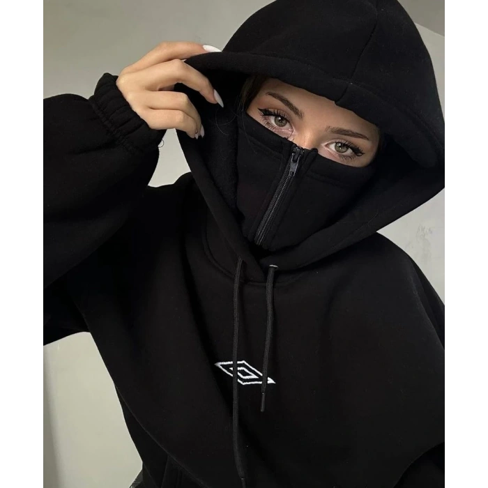 Fermuarlı Çift Kapüşonlu Unisex Oversize Hoodie