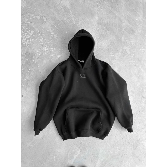 MOTİVE ROMANTİK Taş Baskı Unisex Hoodie(SİYAH)