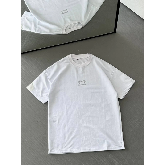 MOTİVE ROMANTİK Taş Baskı Unisex Oversize Tshirt(Beyaz)